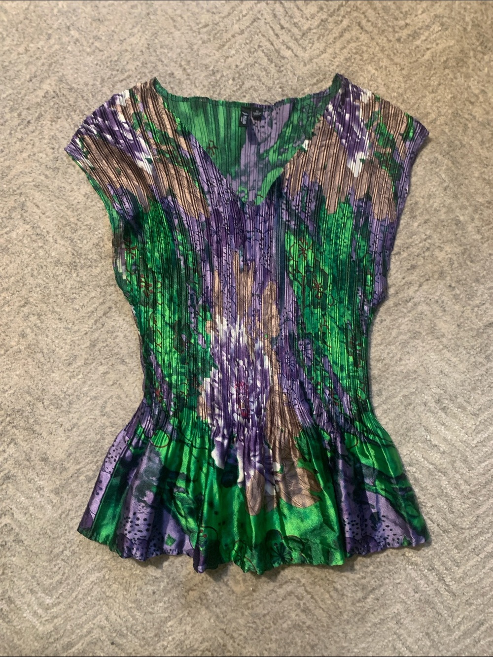 Milano Green Purple & Brown Pleated V-Neck Peplum Top